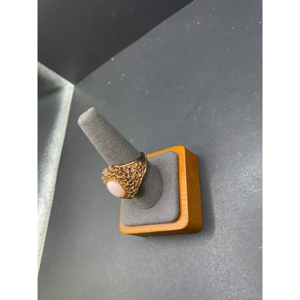 Vintage Pink Coral Cabochon Stone Filigree Statement Ring Gold Tone Size 9.75